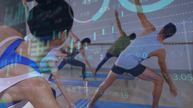 Blue-top coach starting cue leading fitness lunging twisting with market bars drifting over mats