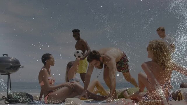 Friends on beach sharing, man offering bottle, woman reaching, animated travel tags marking items