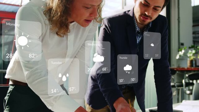 Left man tapping calc, architects marking plans as forecast cards overlaying, adjusting for weather