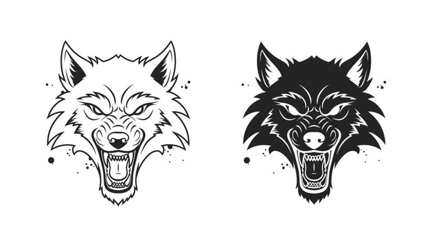 Aggressive wolf head mascot logo design in black and white vector art for sports teams and gaming clans showing sharp teeth and intense gaze as a versatile vector graphic for branding and merchandise