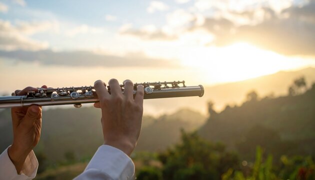 Hand holding a silver flute against a sunset sky, playing a serene melody amidst rolling hills and golden light.
