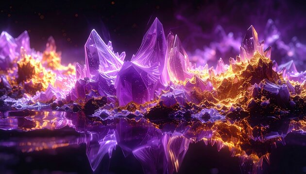A stunning landscape of glowing purple and orange crystalline structures reflecting in still water, evoking a sense of cosmic energy and magical formation.