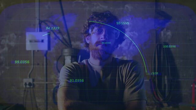 Vertical video: Man sitting in shop, HUD sweeping left and tracing face and chest, measuring vitals