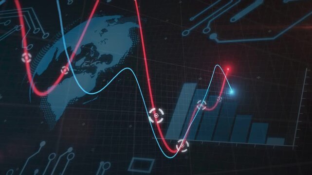 Incoming data driving red cyan waveforms sweeping across tech HUD, showing globe, bar chart trends