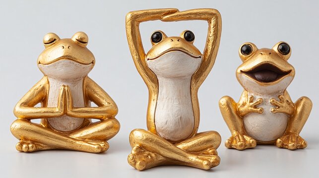 Three decorative golden frog figurines in various poses, including yoga and playful expressions, set against a clean white background for home decor or gift ideas
