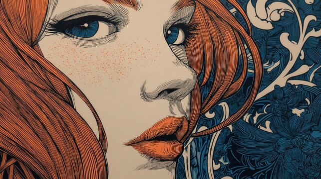 A stylized close-up portrait of a woman with red hair, blue eyes, and freckles, set against an intricate blue and beige decorative background.