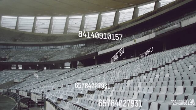 Empty stadium seating showing floating numeric overlays from frame two, shifting, fading for data