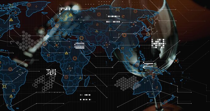Displaying hologram map with data nodes, hexes in dim lounge, reflecting wine glass, suit sleeve