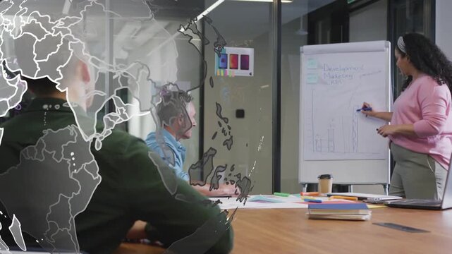 Presenter starting drawing bar chart sharing business data, globe passing across, team responding