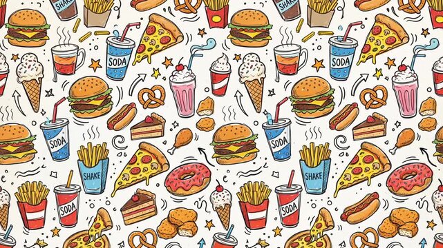 Fun Food Patterns With Drinks, Burgers, Pizza, and Sweets in Bright Colors