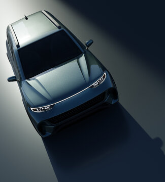 Studio rendering of Metallic green Electric SUV on dark background. From view. 3D illustration.