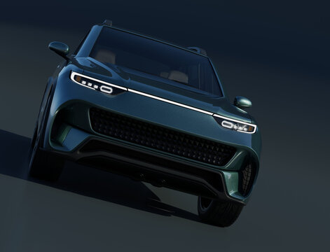 Studio rendering of Metallic green Electric SUV on dark background. Front view. 3D illustration.