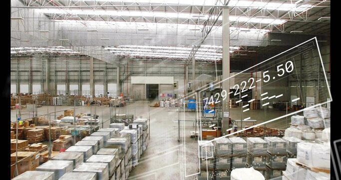 Displaying rows of pallets spanning central aisle in distribution center, with digital overlay