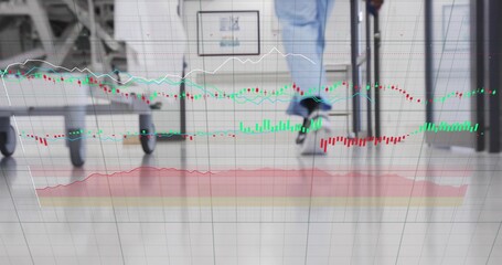 Walking nurse in blue scrubs moving down hospital corridor, stretcher, IV pole, financial overlay © vectorfusionart
