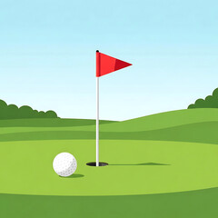 Obraz premium White golf ball on a green grass putting hole with a red flag
