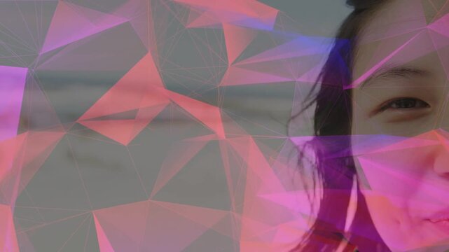 Woman revealing right half-face as pink purple polygon overlay shifting across grey for design