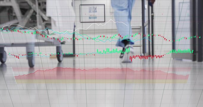 Walking nurse in blue scrubs moving down hospital corridor, stretcher, IV pole, financial overlay