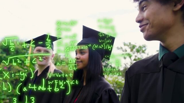 Female graduates lining in garden wearing caps, camera panning sparking green formulas for STEM