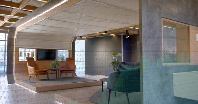 Featuring raised platform with two tan armchairs, black table and plant in modern office lounge