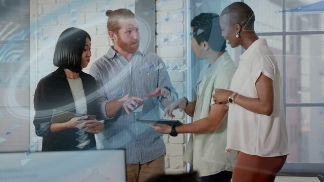 Bearded man tapping tablet, team aligning phone to tablet, working in business with arrow overlay
