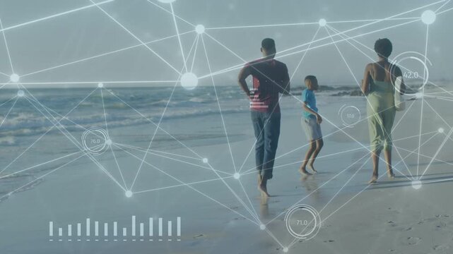 Family walking and jogging on shoreline, movement causing data HUD and bar charts tracking prints