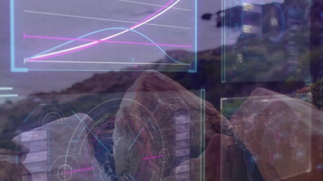 Close rock cluster causing camera pullback, HUD staying visible, bird crossing chart for monitoring