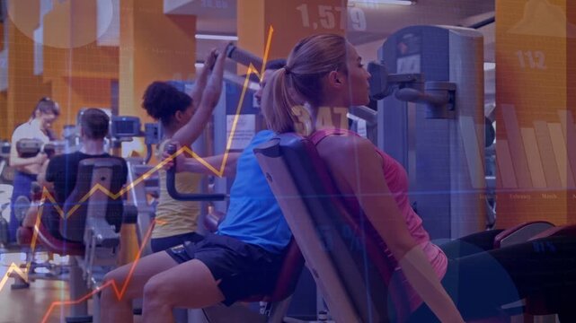 Foreground woman in pink pressing chest machine, reps causing finance graphs aligning to progress