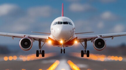 Naklejka premium Airplane landing on runway with landing lights illuminated, clear sky and blurred background, showcasing aircraft details and runway markings