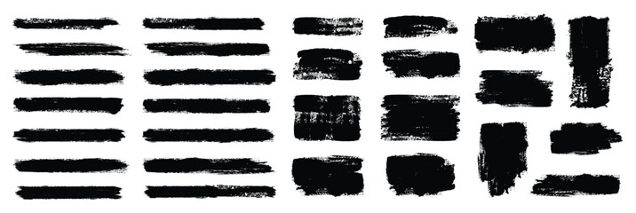 Set of different grunge brush strokes with banner for graphic background decoration.  Paint, ink brush, brush strokes, brushes, lines, frames, buttons, grungy rough. grunge thick paint line texture. © Godown of vector