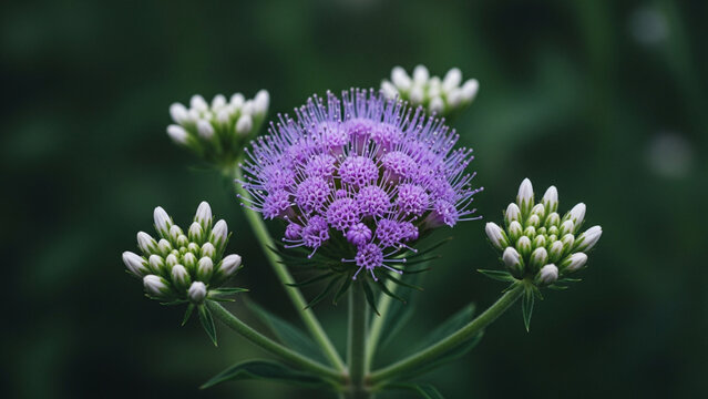 Macro shot of a blooming purple Ageratum flower surrounded by white buds against a dark moody green background, showcasing delicate textures and natural symmetry in soft light.