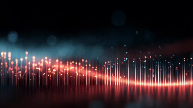 Abstract digital network background with glowing red and blue fiber optic lines moving in sequence representing high speed data transfer in modern technology environment and cybersecurity.