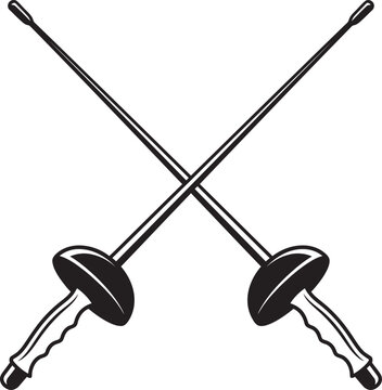 An elegant black and white flat vector of two crossed fencing epees. Featuring contoured grips and rounded bell guards, this symmetrical line-art graphic represents the precision of combat sports.