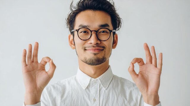 Asian man with glasses making OK hand gesture with both hands and confident smile