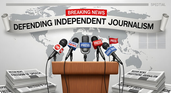Breaking news press conference on defending independent journalism with global map backdrop