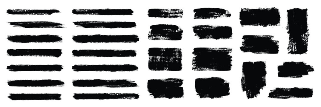 Set of different grunge brush strokes with banner for graphic background decoration.  Paint, ink brush, brush strokes, brushes, lines, frames, buttons, grungy rough. grunge thick paint line texture.