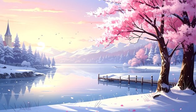 Serene anime-style winter landscape featuring a tranquil lake, snow-covered surroundings, and blossoming pink trees under a radiant sun