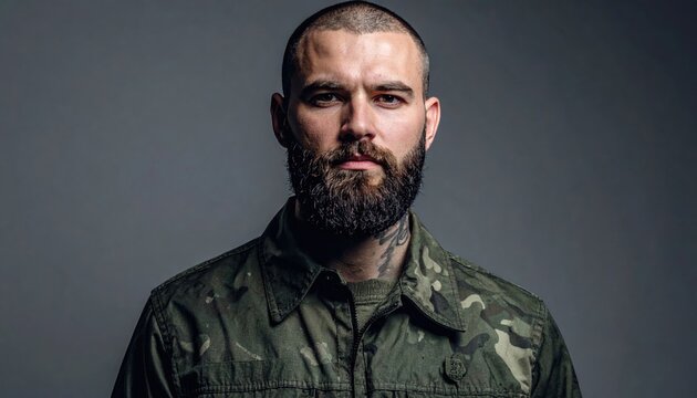 Rugged man with short beard and military camouflage shirt, featuring neck tattoos and a serious expression