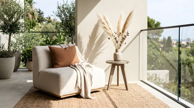 Modern Japandi Balcony with White Boucl&eacute; Armchair, Pampas Grass, and Mediterranean Olive Trees in Sunny Terrace