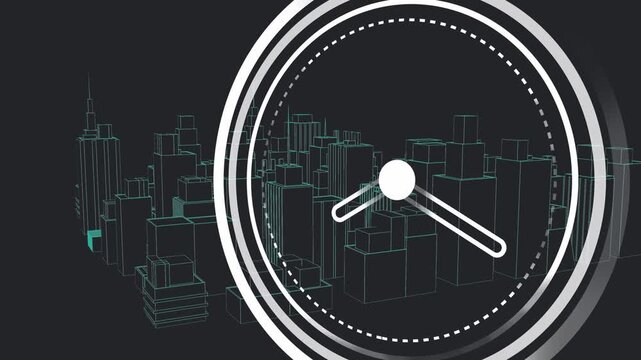White hub appearing, clock rotating and sliding right, revealing teal wireframe city showing depth