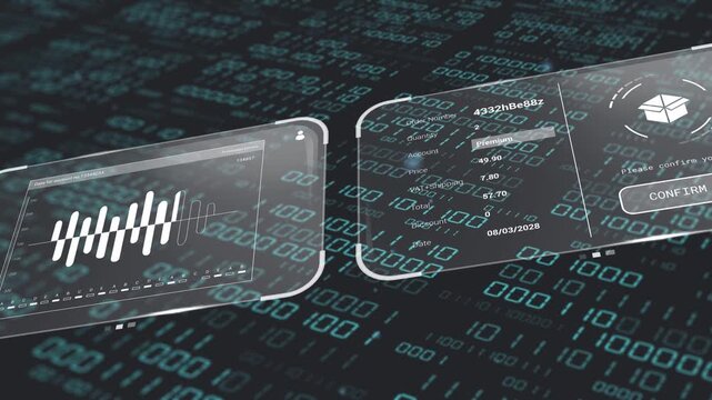 Empty panel drifting starting UI tiles sliding rotating showing charts and map demoing binary flow