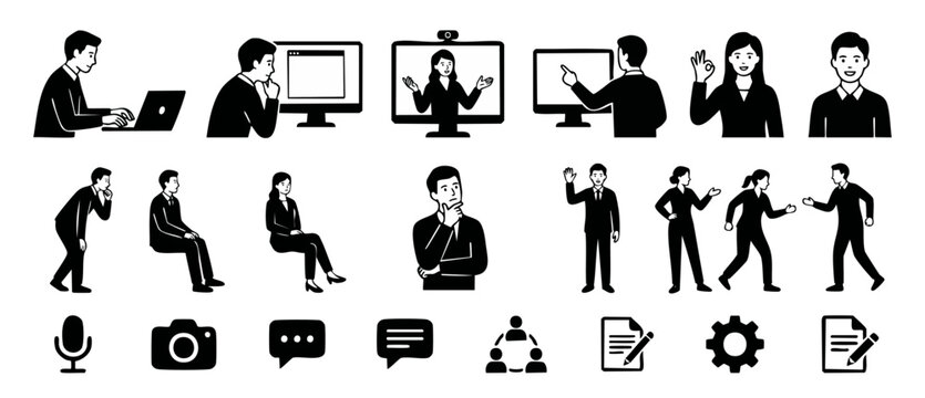 Business People Icons Set Office Workers Characters and Corporate Workflow Symbols for Digital Presentation UI Web Design Vector Collection of Professional Activities Communication and Technology Elem