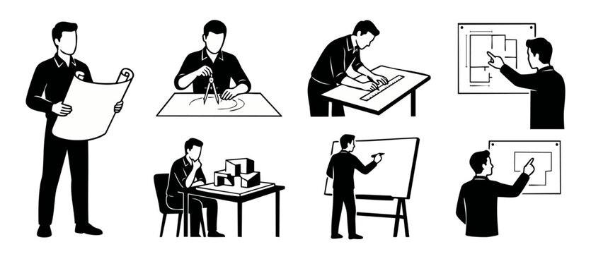 Architect Construction Planning Icons Set, Professional Engineer Working with Blueprints, Drafting Tools and Building Models for Real Estate Project Development and Engineering Design Process Concepts