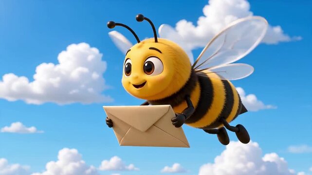 A 3d cartoon bee is flying and carrying an envelop with a blue cloudy sky background