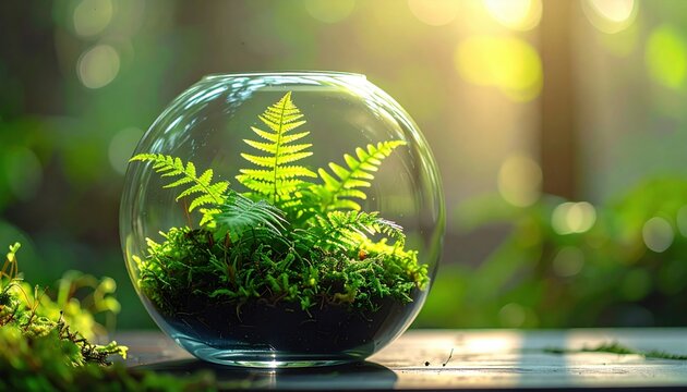 Delicate maidenhair fern thrives within a glass terrarium bathed in warm sunlight