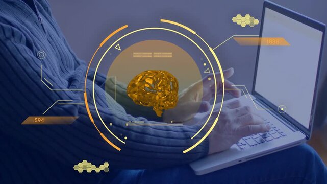 Mature man typing laptop, causing translucent HUD rotating brain, rings, hex icons for tech