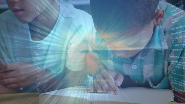 Two students right placing finger tracing text peer holding card overlay sweeping book aiding study