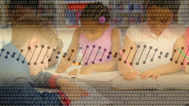 Students writing schoolwork as boy entering and leaning, binary node overlay sweeping across faces