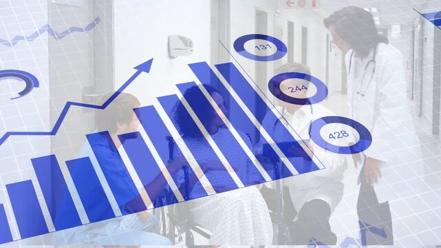 Animated barchart rising and sweeping urging care team leaning and checking tablet tracking metrics