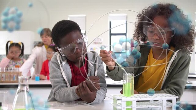 Girl grabbing model, guiding boy using dropper while animated molecules highlighting science lesson