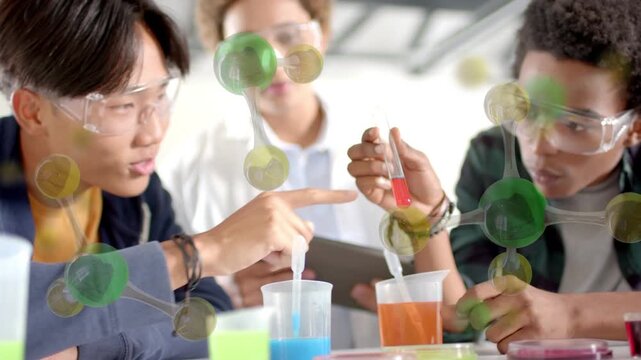 Student preparing pipette, comparing samples, peers noting tablet, molecule HUD showing chemistry